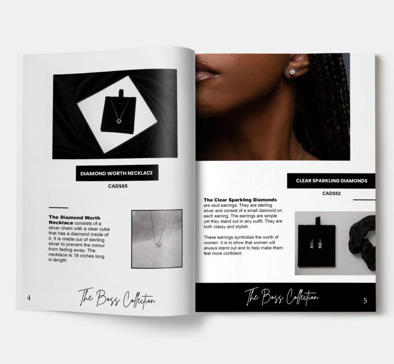 the inside of a magazine about jewelry. the left side is about a necklace. the right side is about earrings