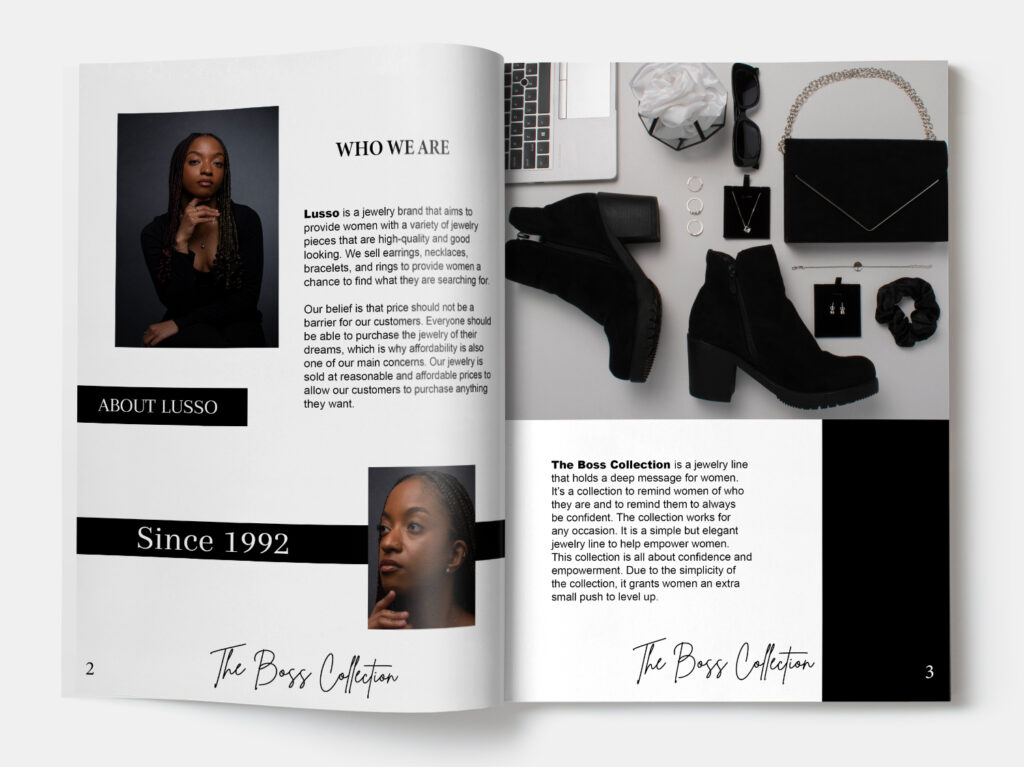 the inside of a magazine.it shows the woman again posing and the jewelry surrounded by heel boots, a laptop, sunglasses, and a purse.