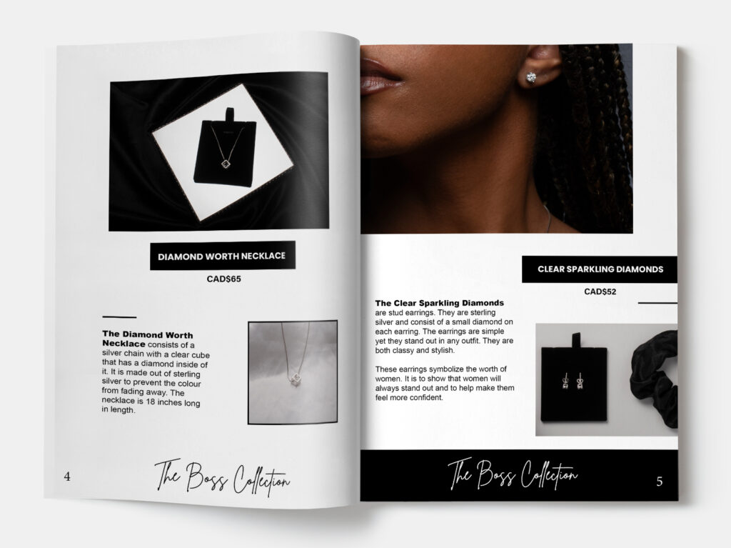 the inside of a magazine about jewelry. the left side is about a necklace. the right side is about earrings