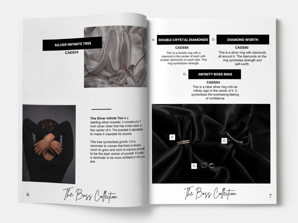 the inside of a magazine about jewelry. the left side shows a bracelet and a woman posing. the right side shows 3 rings.